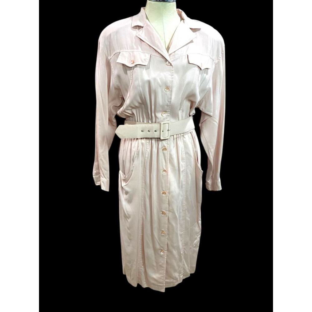Size 14 Together! Pink Rayon 1980s Dress Belted Button Up